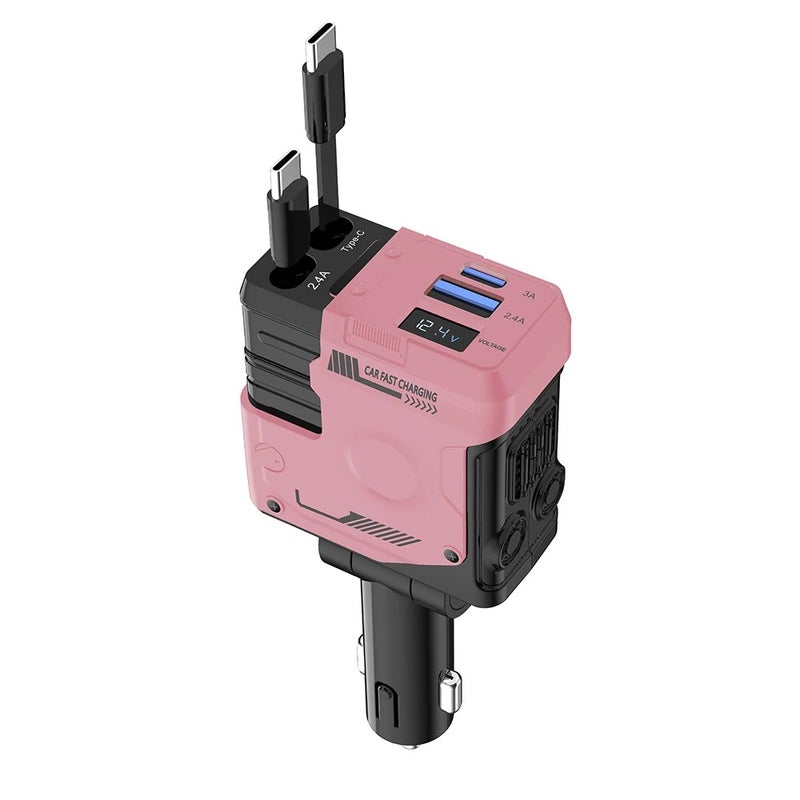 Bluejw Retractable Car Phone Charger 4-in-1: Fast Charging Adapter with 2 Retractable Cables (Type C & USB) & 2 USB Ports - Automobile Chargers for iPhone & Android - Image 1